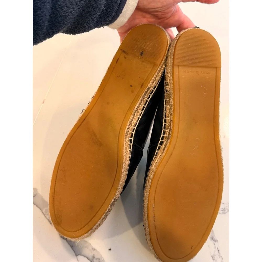 Tory Burch Elanor Black Leather Espadrille Flats Gold Logo Size 9.5
